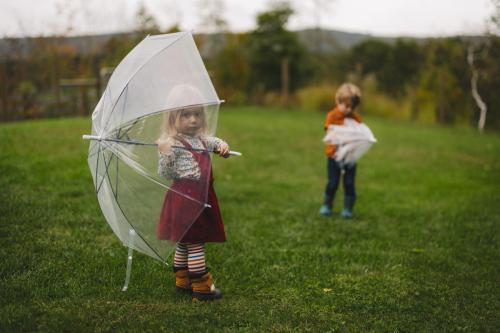 A Western MA Wedding Photographer captures a lovely image of a little girl gracefully holding a clear umbrella in a serene field.